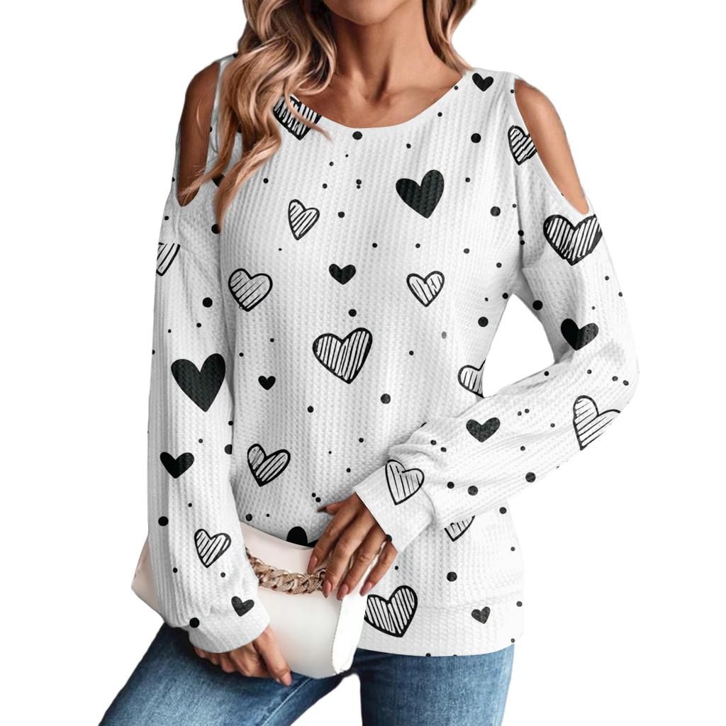 Women's Winter Oversized T-Shirt Fashionable Off-the-Shoulder Round Neck Vintage Floral Print Pullover Long-Sleeved Top