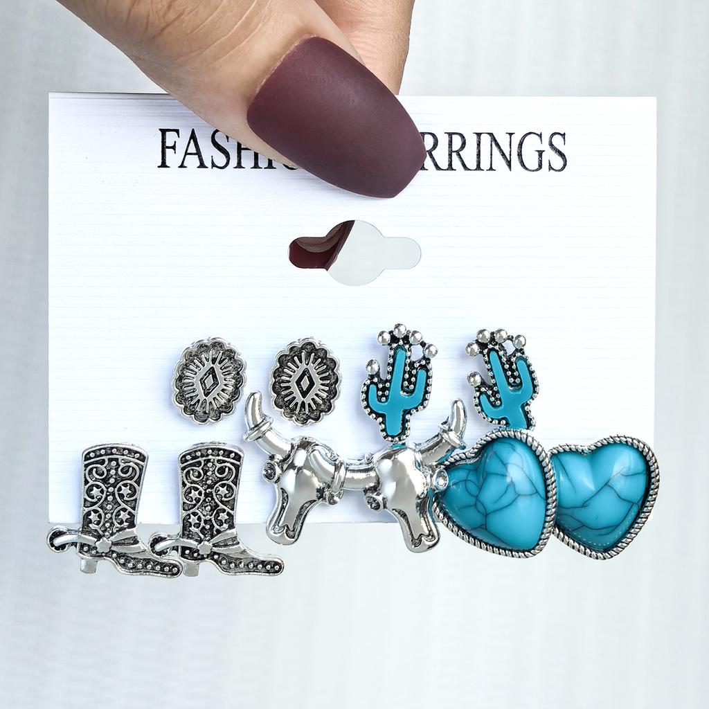 Vintage Turquoise Tibetan Silver Color Earring Sets For Women Boho Ethnic Geometric Heart Shape Leaf Shell Drop Earrings Jewelry