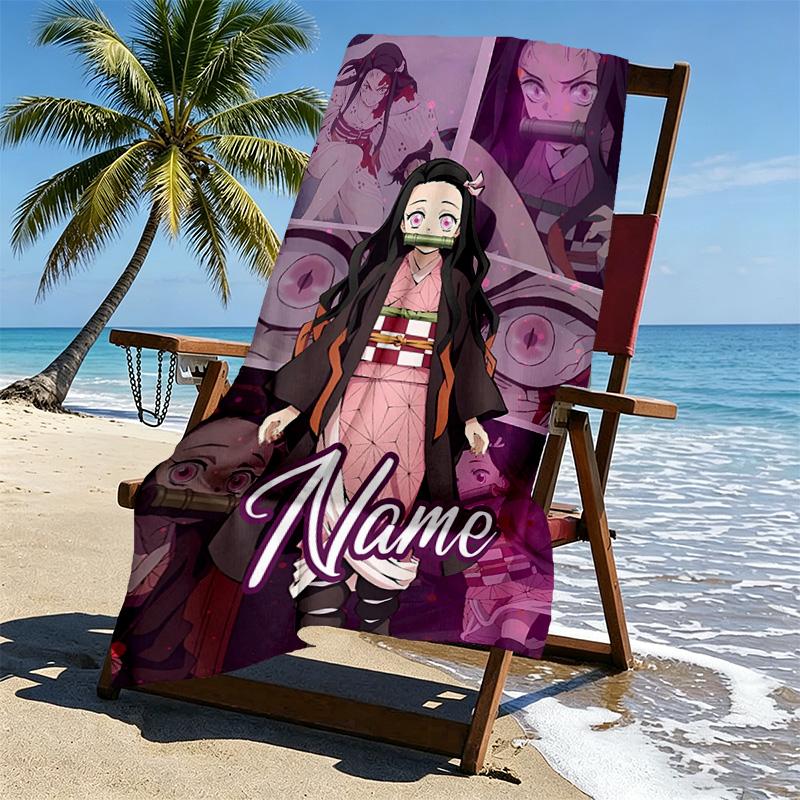 Personalisierbares Strandtuch mit Demon Slayer Aufdruck und individuellem Namen, für Reise, Camping, Strandparty, Heimdekoration, Geburtstagsgeschenk für Familie & Freunde