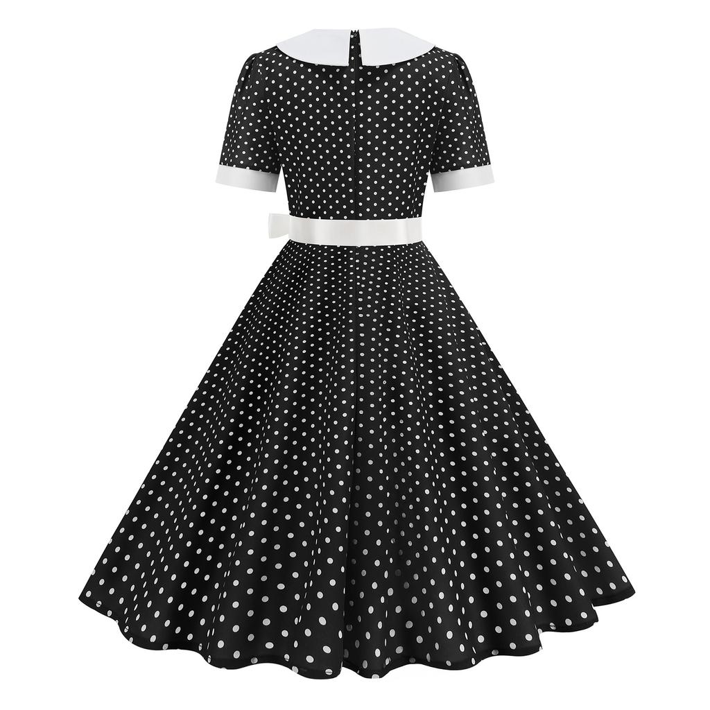 Damen Vintage Polka Dot Swing Kleid mit Kragen und Gürtel für Partys