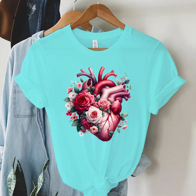 Watercolor Heart Floral Tshirt Women Funny Anatomical Graphic Tee Shirt Top Aesthetic Vintage Women Cardiology Nursing Tshirts