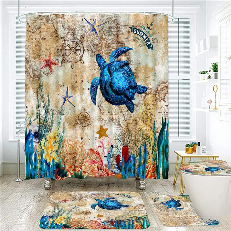 18 Colors 4Piece Marine Style Dolphin Waterproof Shower Curtain Set Anti-slip Mat Base Carpet Toilet Cover Pad Bathroom Kit