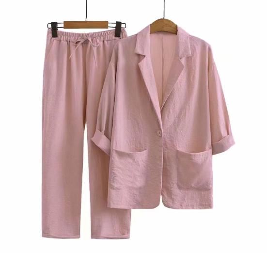 2Pcs/Set Women Spring Autumn Casual Outfit Lapel 45720 Sleeve Single Button Pockets