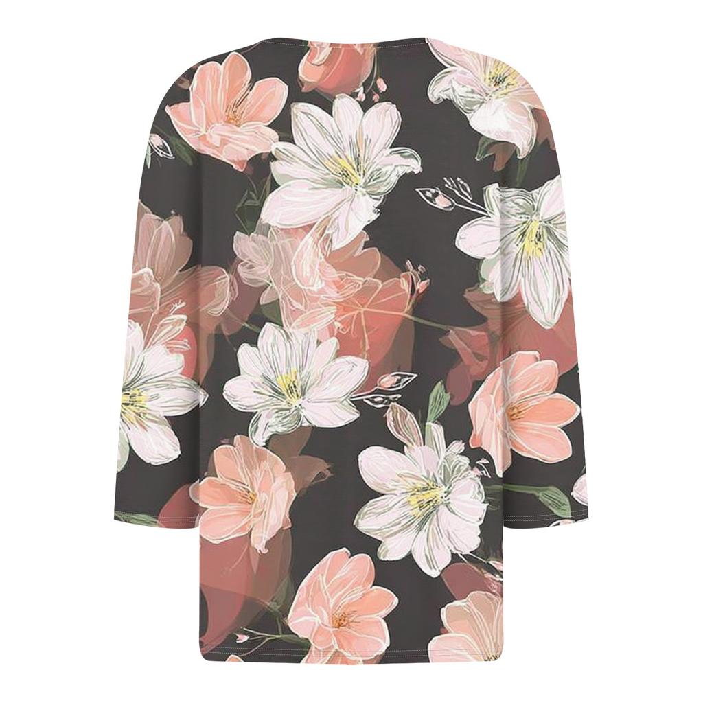 Women's Fashion Casual Floral Print V-Neck Decorative Button Three-quarter Sleeve T-Shirt Top