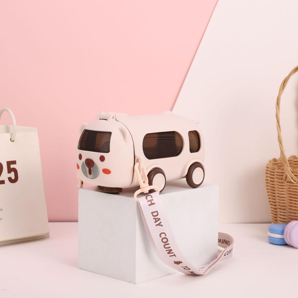 Water Bottle High Value Baby Bus Cartoon Children Water Cup Kindergarten Student Straw Cup Outdoor Portable Strap Kettle