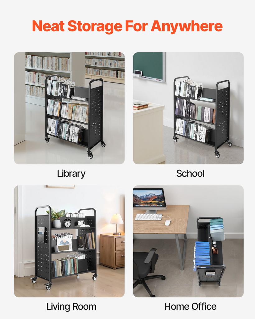 VEVOR Rolling Library Book Cart, 150 kg Capacity, 97 x 51.5 x 122.5 cm Library Cart, Double Sided W-Shaped Shelves with 76.2 mm Lockable Wheels