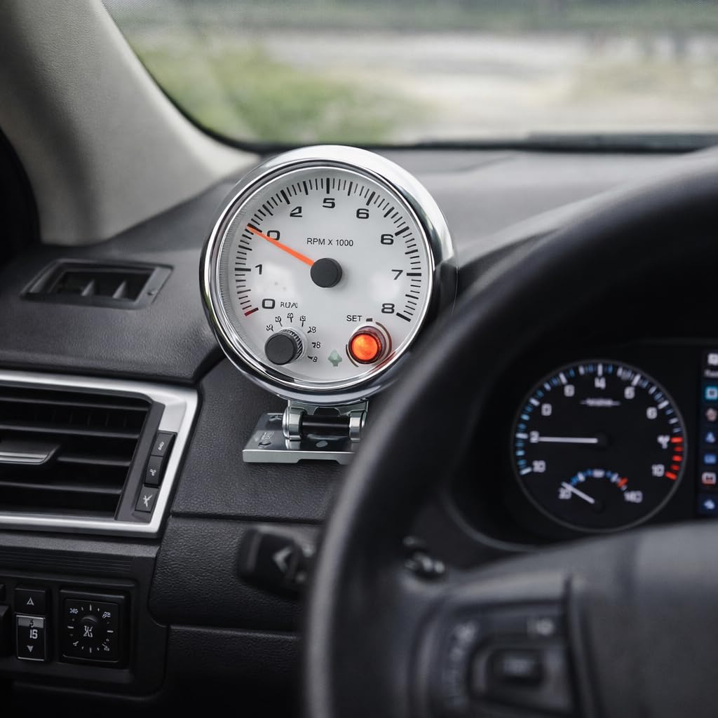 Tachometer 12V for 4/6/8 Cylinder Gasoline Vehicles, 0-8000 RPM, 3.75in, 7 Color Background Lights, Chrome Bracket, White Face