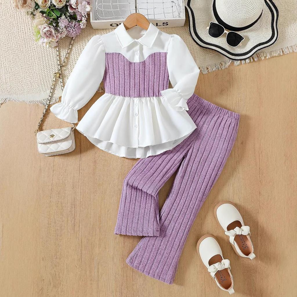 Girls' Cross-Border Pink Knitted Vest with Lace Shirt & Wool-Blend Striped Pants Set