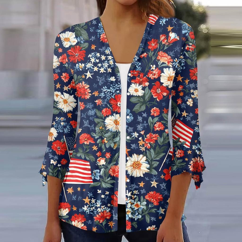 Women's Loose Casual Independence Day Printed Seven Sleeve Button Down Shirt Cardigan Top