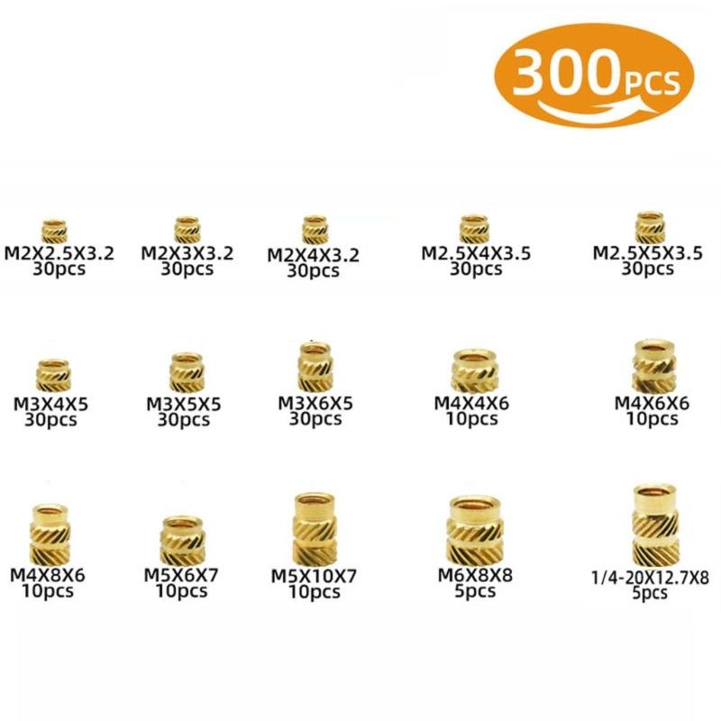 300pcs Female Thread Brass Knurled Embedment Nuts Assortment Nuts Accessories