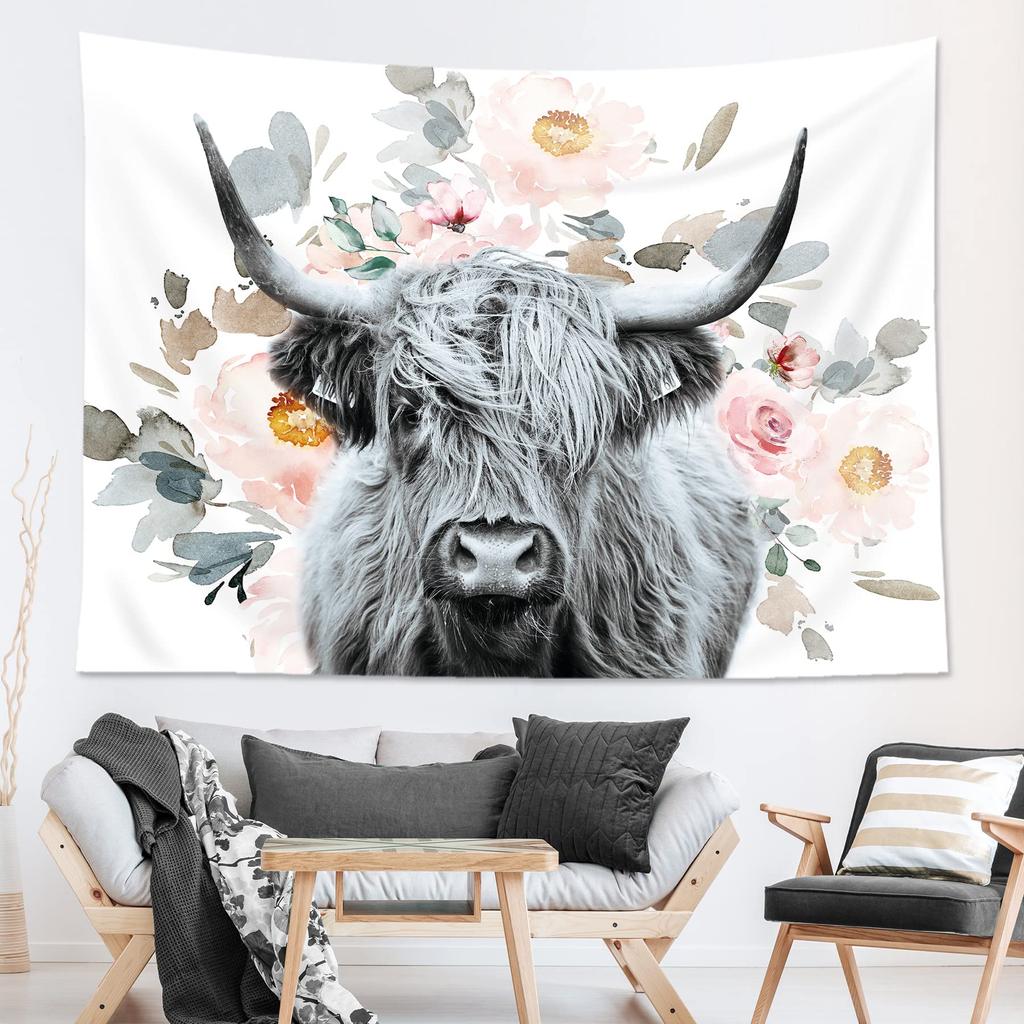 Cute Highland Cattle Close-Up Wall Hanging Tapestry, Grayscale Country Scenery Print Cloth, Unique Aesthetic Decor For Indoor