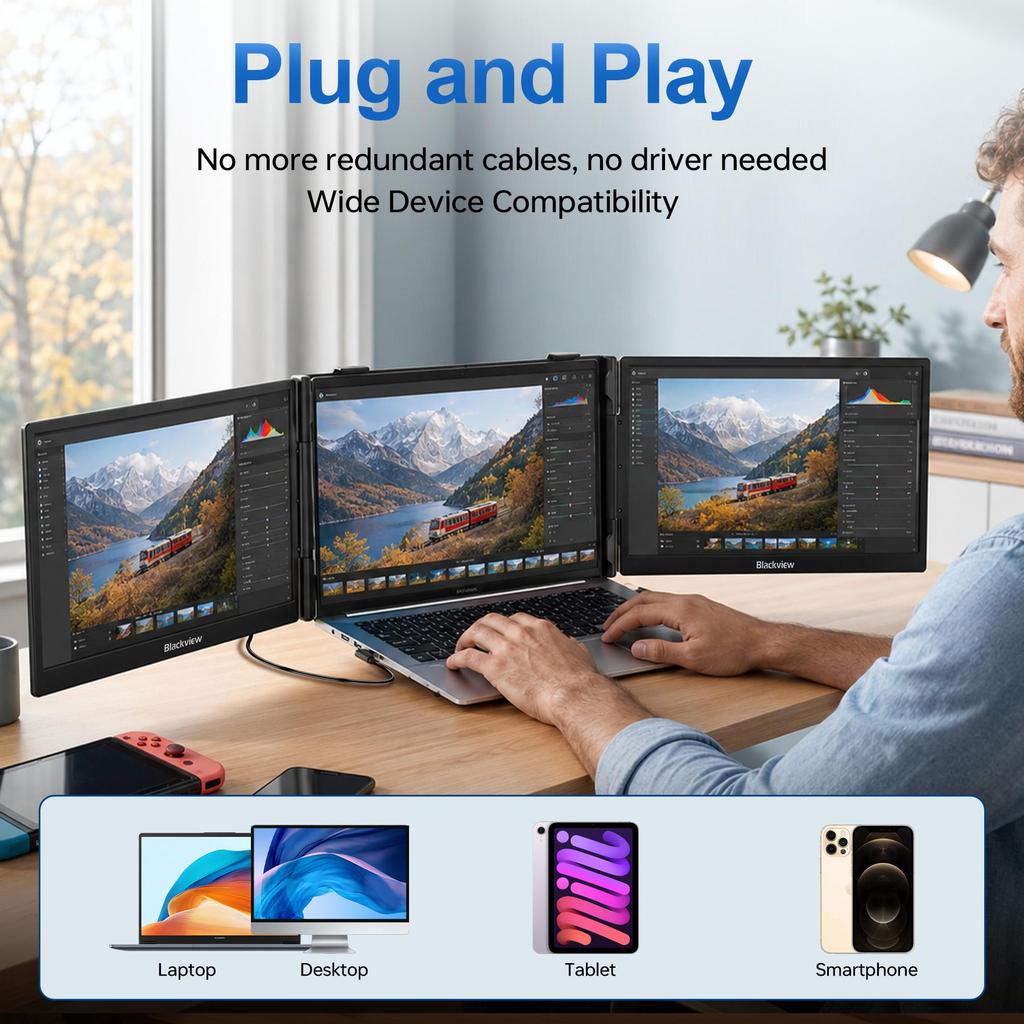 Blackview DCM5 Triple Laptop-Bildschirmerweiterung, 14" 1080P FHD IPS Tragbarer externer Bildschirm, Zwei-Kabel-USB-C, Plug & Play, Kompatibel mit Windows/Mac