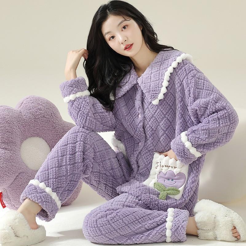 Can Be Worn Outside Coral Velvet Pajamas Women's Winter Two-piece Set Thickened Fleece Flannel Loose Large Size Warm Loungewear