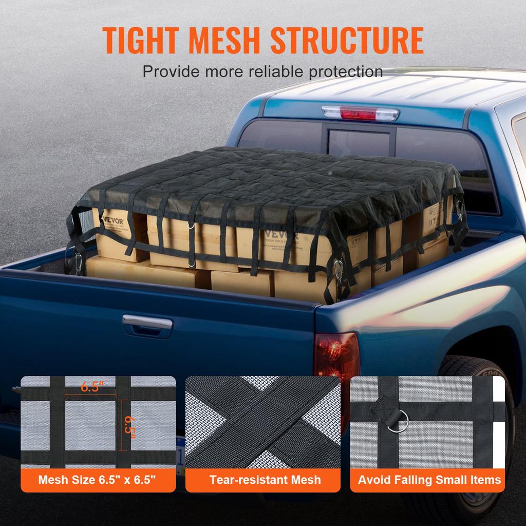 VEVOR Cargo Net, 96 In X 81 In, Heavy Duty Truck Cargo Net for Truck Bed, 4 Adjustable Straps with Carabiners & S-Hooks