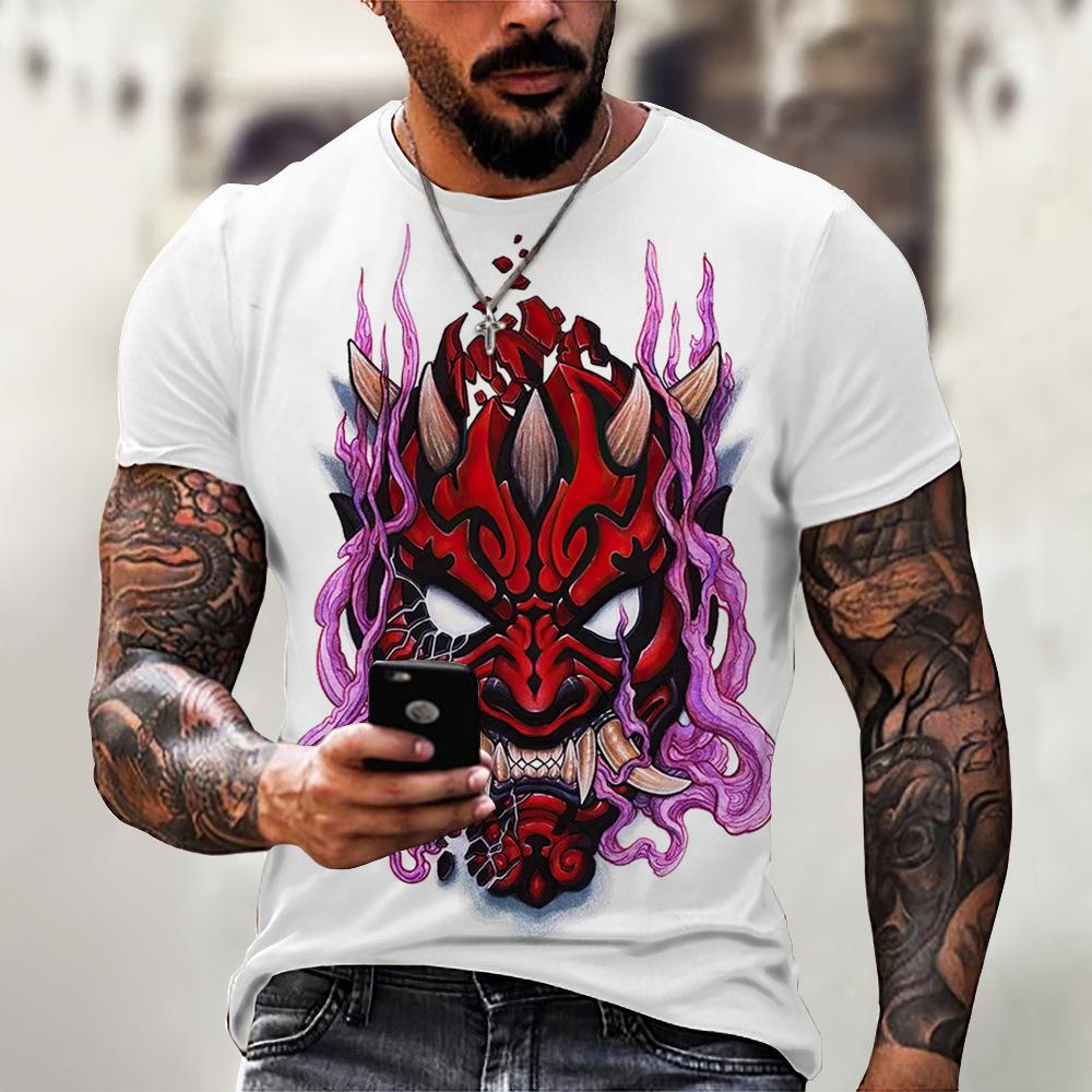 Harajuku Samurai Tattoo Men's T-shirt Fashion Art Mask Round Neck Short Sleeve Punk Clothing Shirt