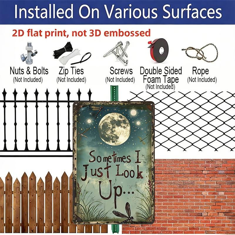 2D Flat Vintage Aluminum Dragonfly & Moon Sign with "Sometimes I Just Look Up" Quote - Rustic Farmhouse Wall Decor - Dark Blue Night Sky