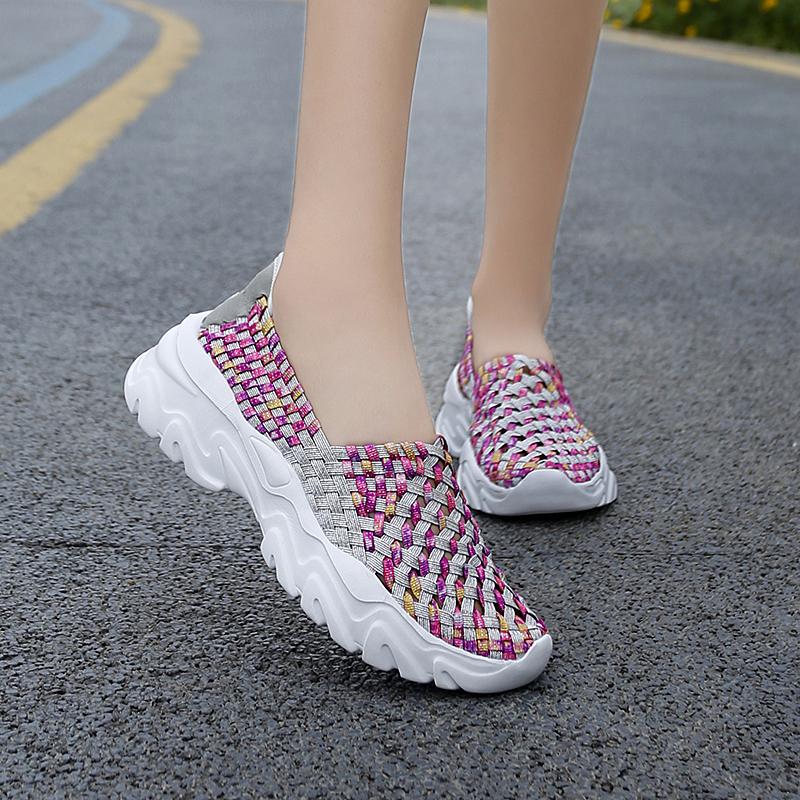Summer Moccasin Pink Beach Walking Shoes Women Multicolor Casual Weave Slip on Braided Elevator Sneakers Plus Size