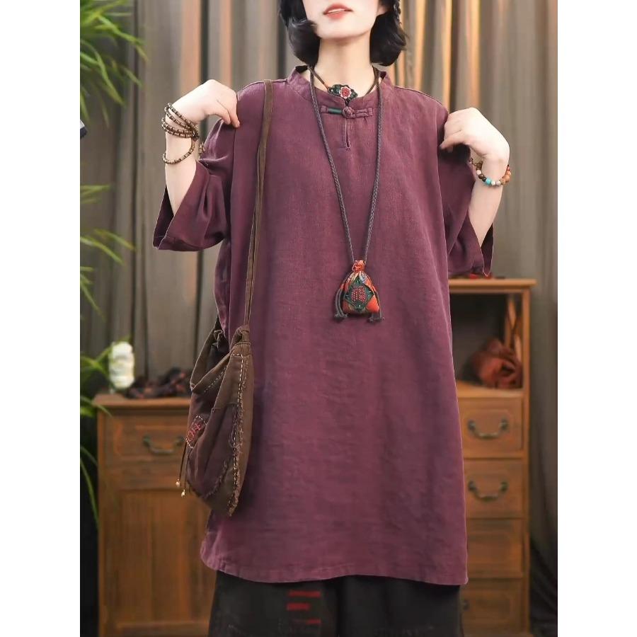 

Летняя простая художественная ретро-блуза с коротким рукавом, женская рубашка на пуговицах, длинный топ, хлопок, лен, свободные блузки 5XL вино красного