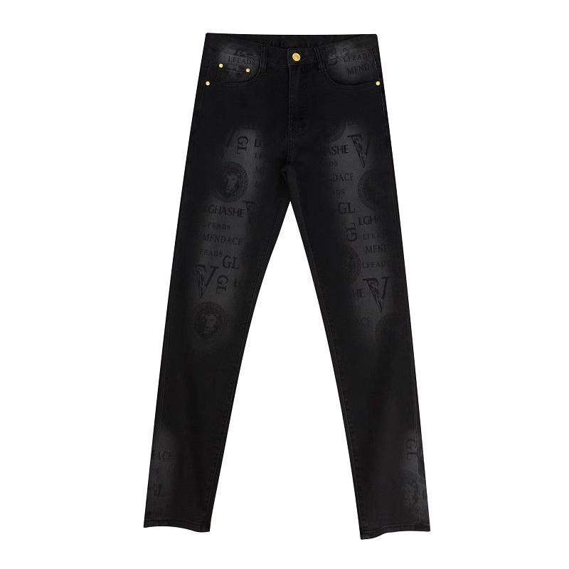 Spring and Autumn Korean Slim Jeans for Men High-end Luxury Clothing Black Printing Mid-waist Stretch Casual Pencil Pants