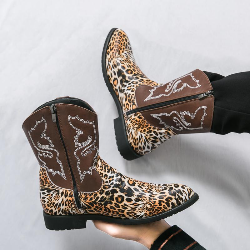 Fashion Designer Men's Retro Western Cowboy Boots Mens Leopard Patchwork Embroidery Mid-calf Leather Boot Designer Casual Shoes