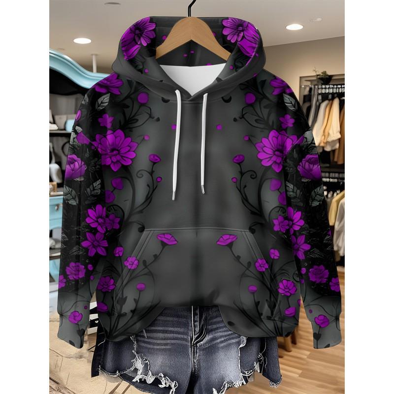 Womens Oversized Hooded Long Sleeve Sweatshirt With Floral Plaid Print Comfortable Breathable Casual Top
