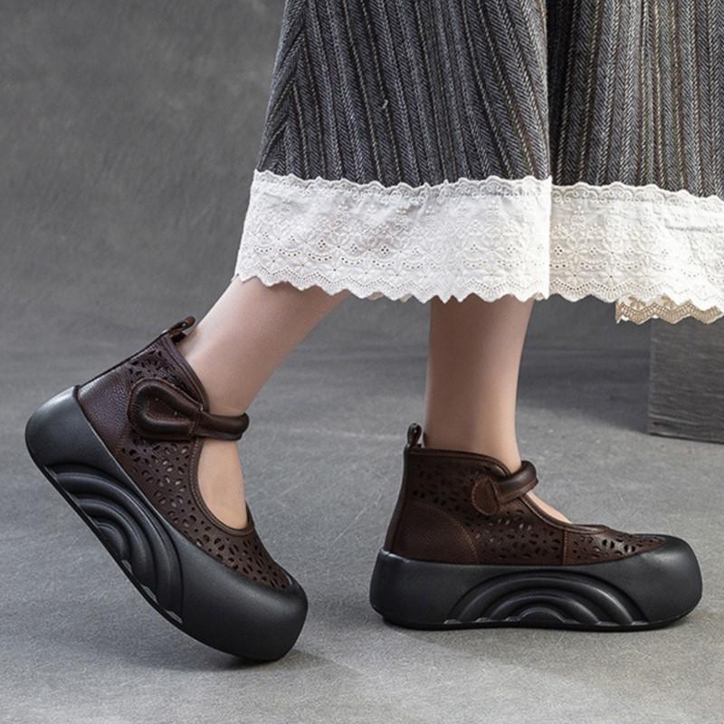 Johnature Sandálias de couro legítimo com sola grossa romanas respiráveis e plataforma plana feminina