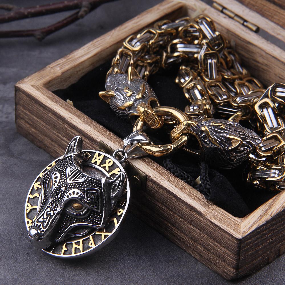 Stainless Steel Wolf Head Norse Viking Amulet Necklace Never Fade Men Thor Hammer Pendant Viking King Chain