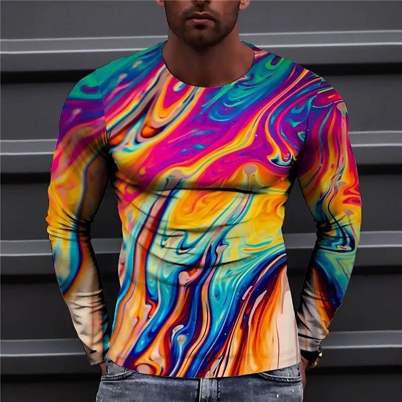 

Spring and Autumn Round Neck Colorful Abstract Pattern 3D Printed Top Fashionable Casual Long Sleeved Men s T-shirts 5XL