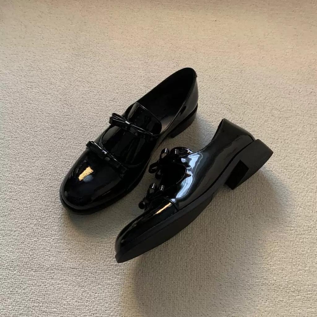 Retro Leather Double Bow Small Leather Shoes Women's 2025 Spring New Thick Heel Round Head Loafers Mary Jane Single Shoes