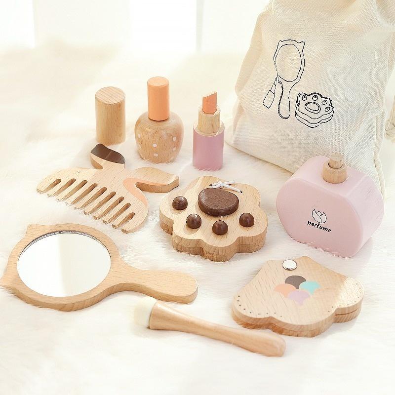 Girls' wooden household cosmetics toy set mirror comb perfume lipstick eye shadow powder birthday gift