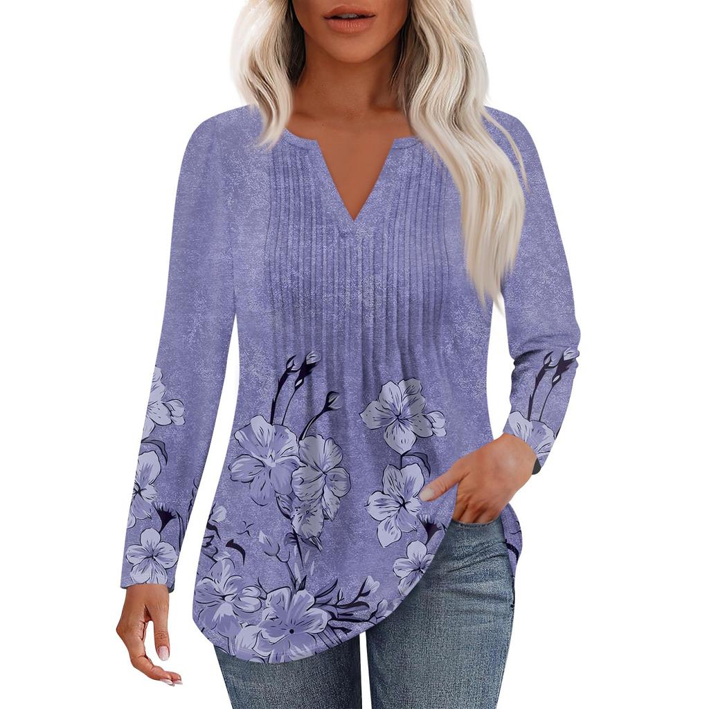 Moda Donna Casual Pieghettata Scollo a V Tinta Unita Manica Lunga Maglietta Top Eleganti
