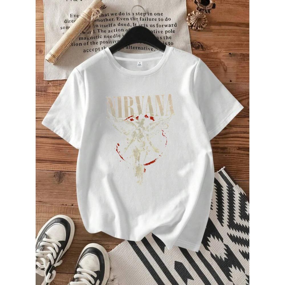 Letters and angels Round neck women's T-shirt short sleeves fashion printed half-sleeve top elastic T-shirt