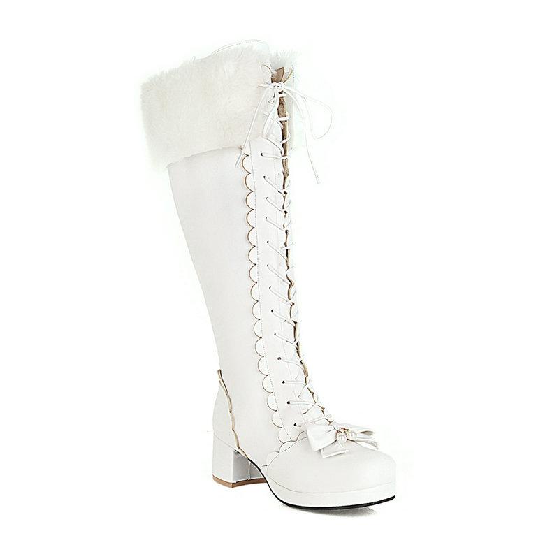 Fashion Princess High Knee Boots Winter Shoes Woman Bowknot Chunky Heel Lolita Shoes Side Zipper Girls Boots Large Size 30-43
