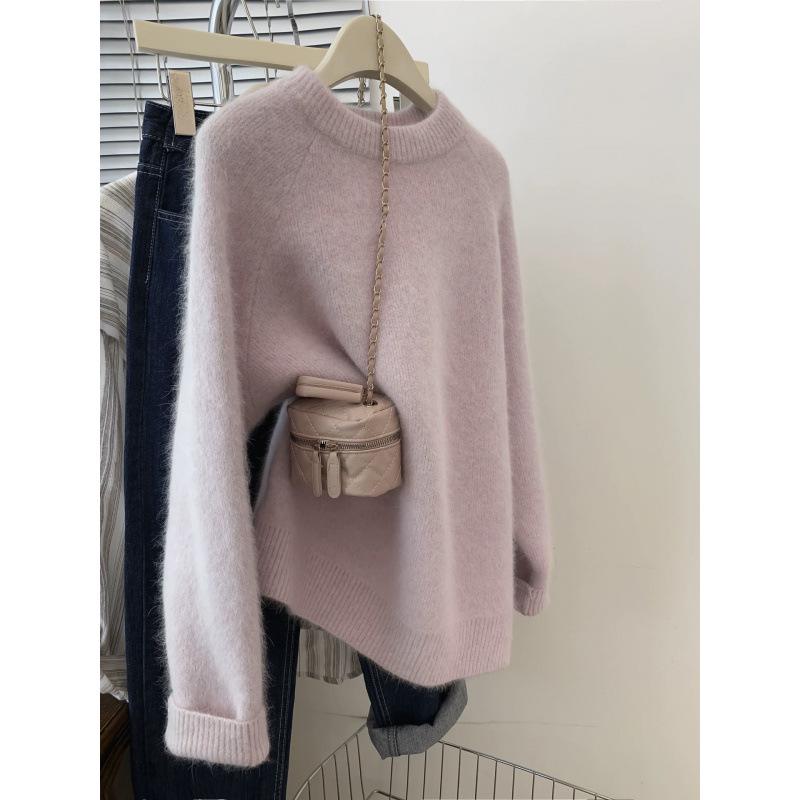 Heavyweight Cashmere Pink Women's Round Neck Long Sleeve Sweater