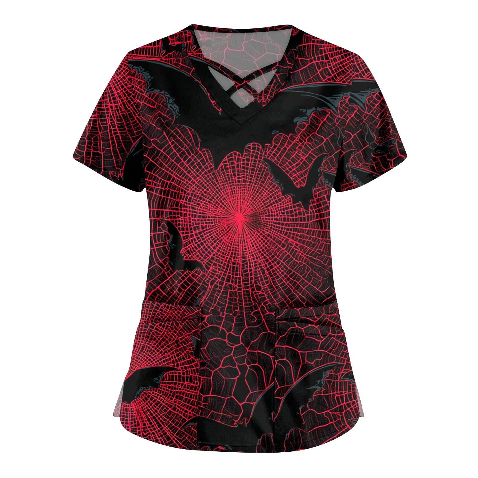 

Женская мода Комбинезоны с перекрестным V-образным вырезом и короткими рукавами Двойные карманы Топы с принтом на Хэллоуин Униформа XL винный