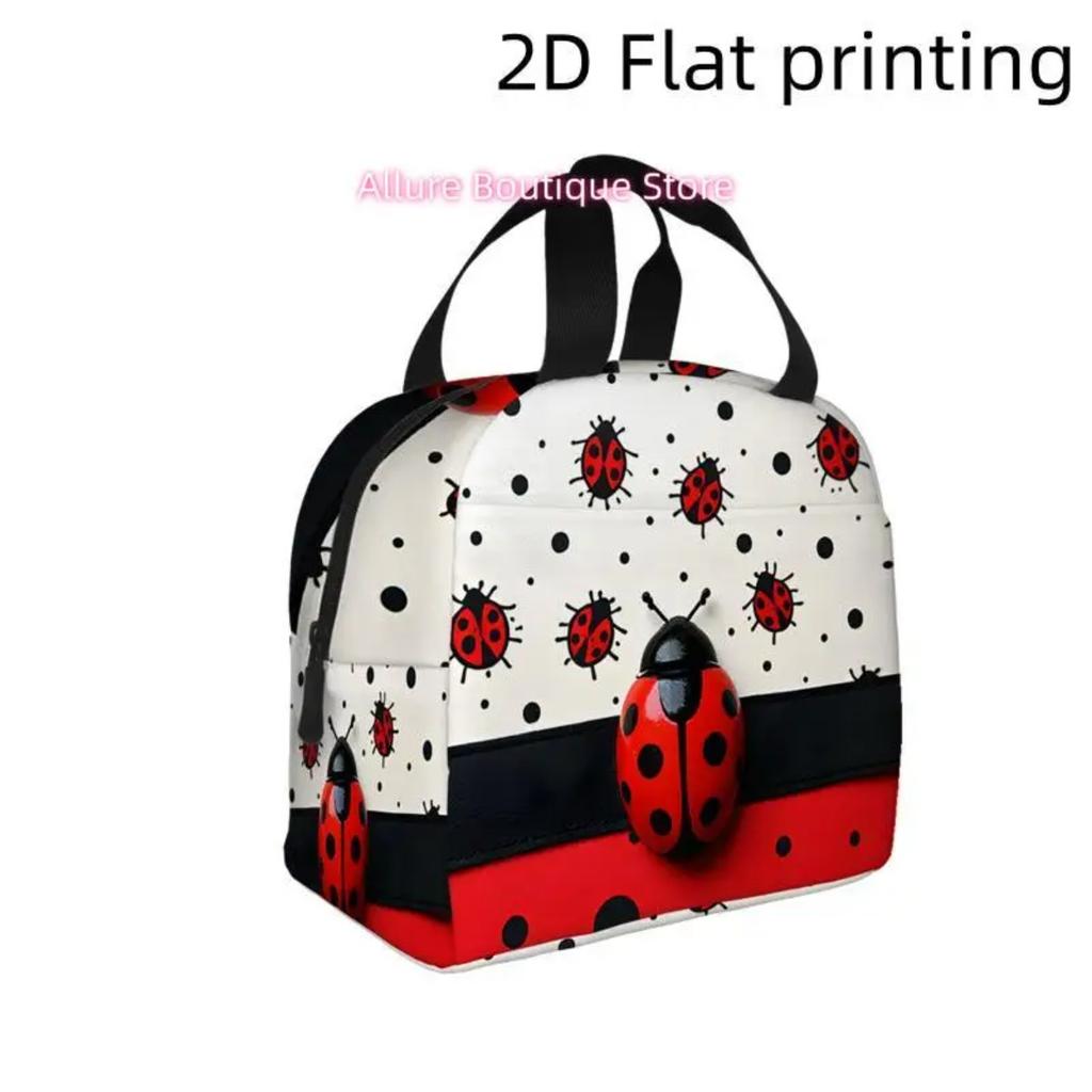 A 2D Flat-Printed Bag Featuring a Ladybug Design with Fun Polka Dots And Bright Colors. This Insulated Cooler Bag Is Reusable An
