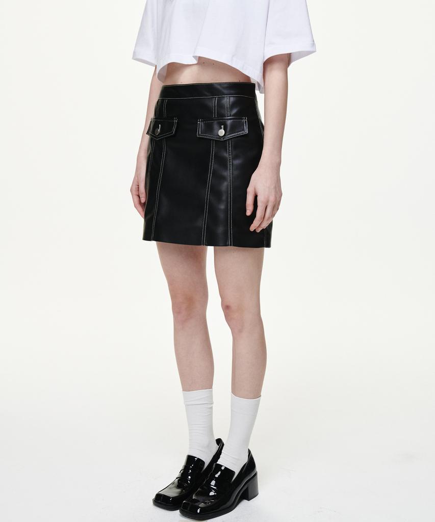 Bikwaieos Faux Leather Pocket Mini Skirts_Black