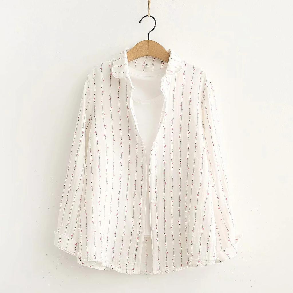 Spring Autumn Women White Shirts Cotton Yarn Floral Printing Long Sleeve Lady Tops Loose Blouses Soft Female Clothing