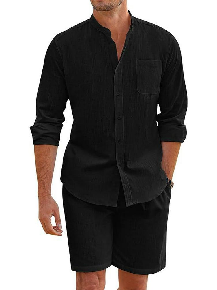 

Мужской летний комплект из двух предметов из полиэстера: Рубашка с длинным рукавом на пуговицах и шорты для повседневной пляжной одежды Large чёрный