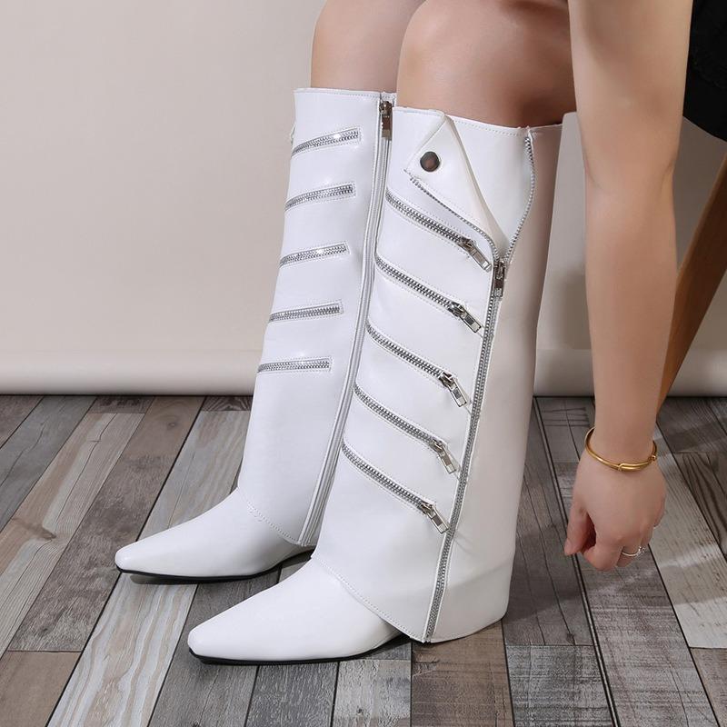 Women's Knee High Boots Fashion Pointed Toe Leather Boots Designer Zip Decorative Trouser Tube Boots for Women Knight Boot Botas