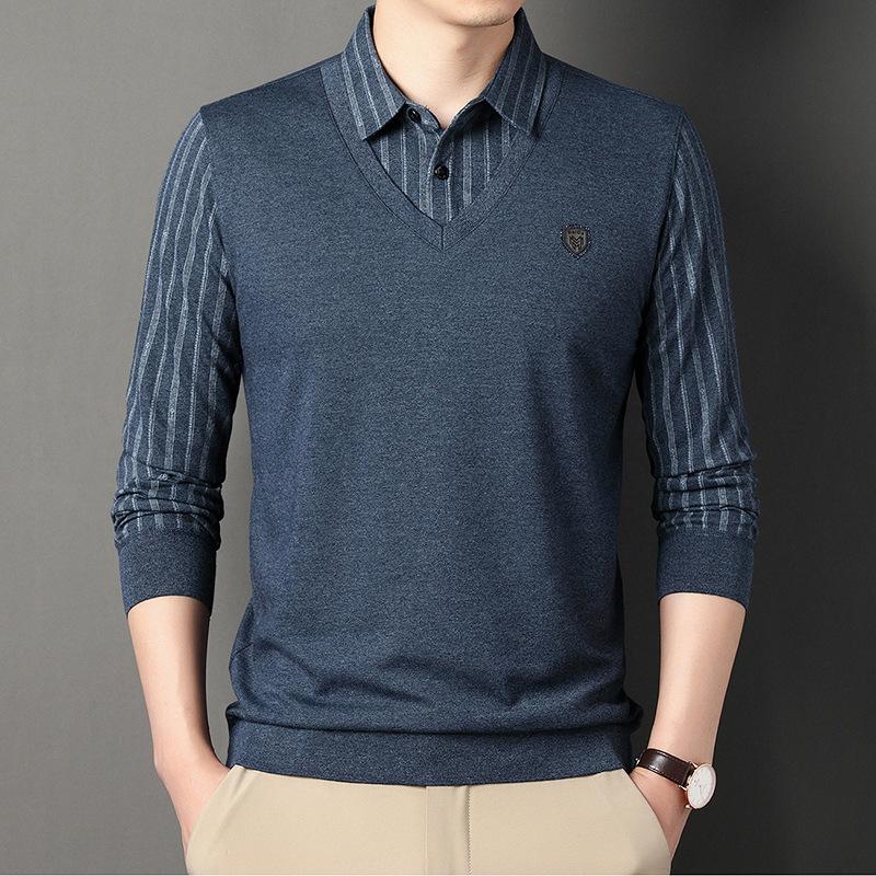 Spring and Autumn Men's Long-sleeved T-shirts, Middle-aged Lapel Casual Striped Polo Shirt Tops