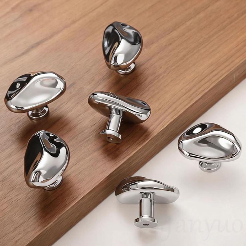 Creative Furniture Silver Shiny Wardrobe Door Pulls Solid Brass Handles Shoe Cabinet Kitchen Drawer Irregular Pebble Small Knobs