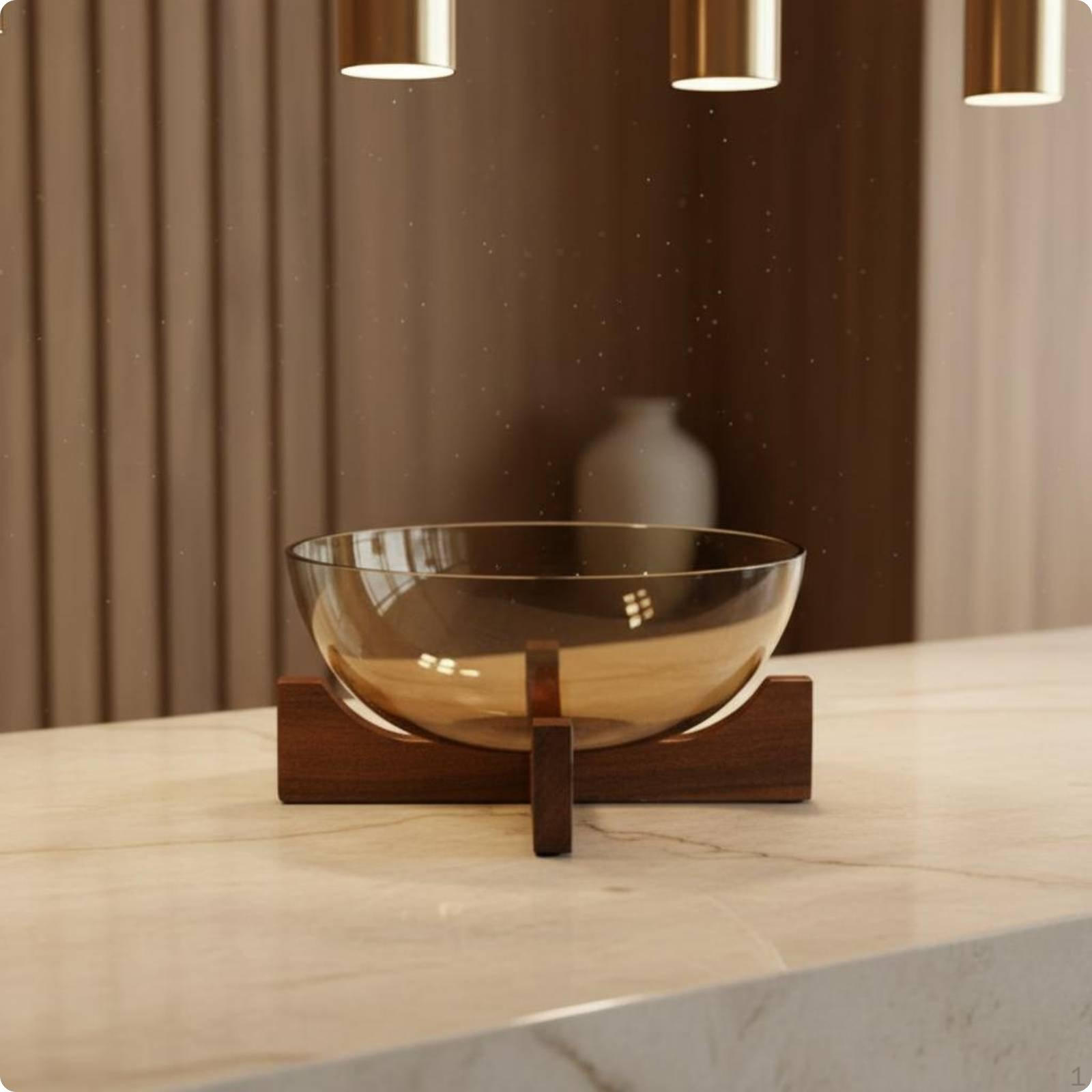 Glass Fruit Bowl with Wood Stand Elegant Design TeaTinted on Wooden Base Versatile