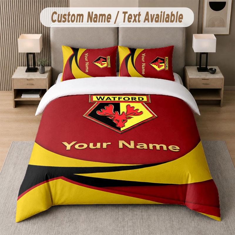 Set Biancheria da Letto Personalizzato Motivo Watford FC, Stampa Nome Testo 1 Copripiumino più 2 Federe Tessile per la Casa