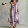 Versatile Daily Wear Dress Women's Deep V Neck Ruffle Trim Maxi Dress, Sleeveless Loose Lightweight Polyester Flowy Beach Sundress, Summer Casual