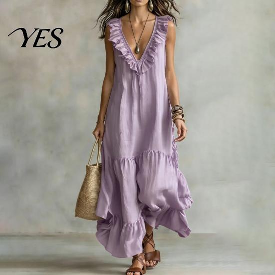 Versatile Daily Wear Dress Women's Deep V Neck Ruffle Trim Maxi Dress, Sleeveless Loose Lightweight Polyester Flowy Beach Sundress, Summer Casual