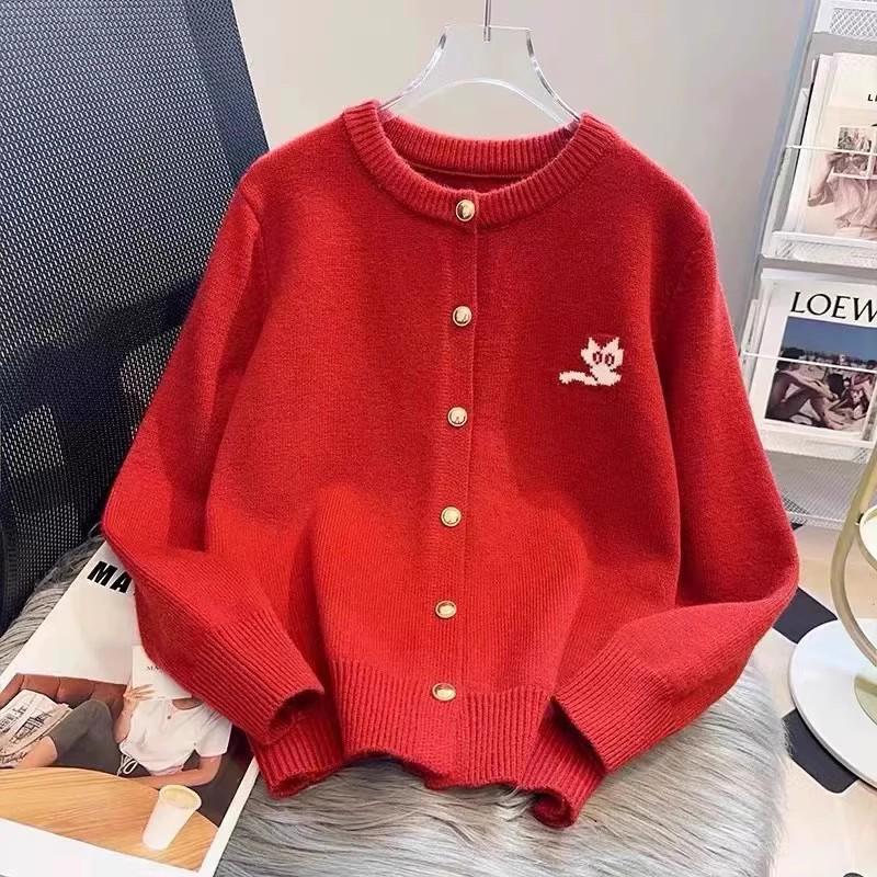 Korean Loose Fit 100% Wool Cardigan with Cute Cat Embroidery, V-Neck Women's Coat for Autumn/Winter