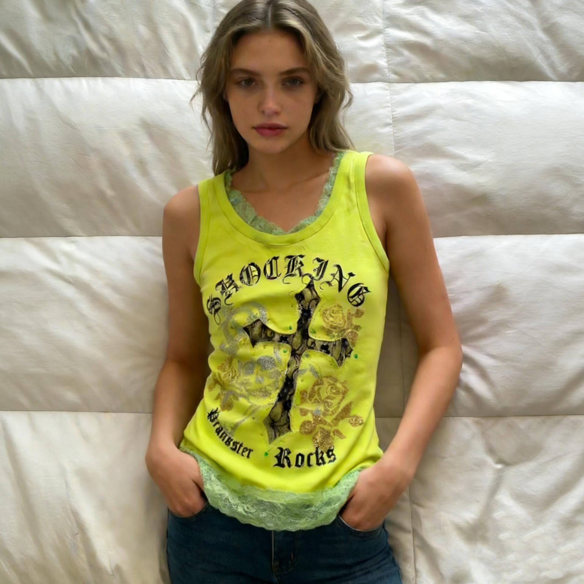 Women s Off-shoulder Y2K Green Lace Slim-fit Camisole Tank Top Small