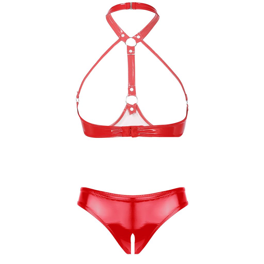 Womens Patent Leather Lingerie Set Halter Neck Open Cup Bra Crotchless Briefs Wet Look Clubwear Night Outfit