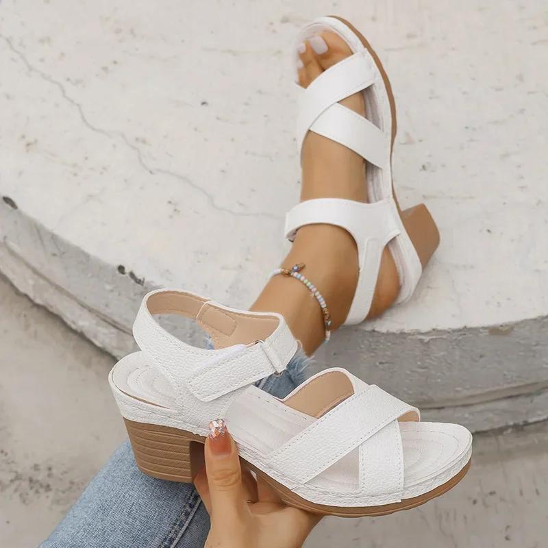 Módní letní bílé sandály na vysokém podpatku pro ženy Módní platformové sandály Žena Plus size Křížené pásky Plážové boty Značkové Sandalias Mujer